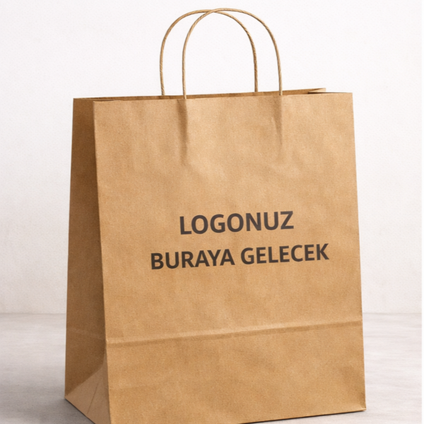 Logolu Baskılı Büküm Saplı Kraft Poşet Klişesiz Üretim